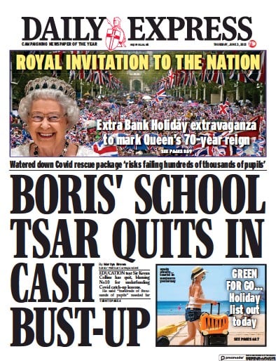 Daily Express Newspaper Front Page (UK) for 3 June 2021