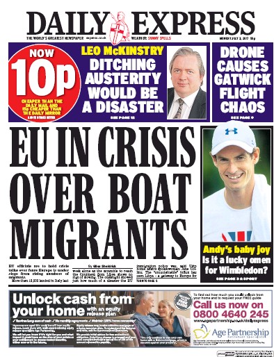 Daily Express Newspaper Front Page (UK) for 3 July 2017