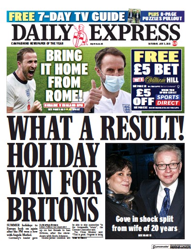 Daily Express Newspaper Front Page (UK) for 3 July 2021