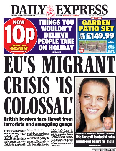 Daily Express Newspaper Front Page (UK) for 3 August 2016