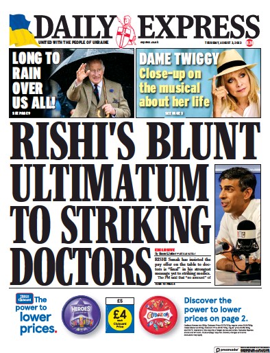 Daily Express Newspaper Front Page (UK) for 3 August 2023