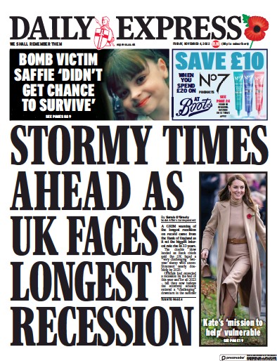Daily Express Newspaper Front Page (UK) for 4 November 2022