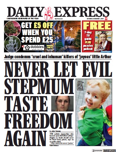 Daily Express Newspaper Front Page (UK) for 4 December 2021