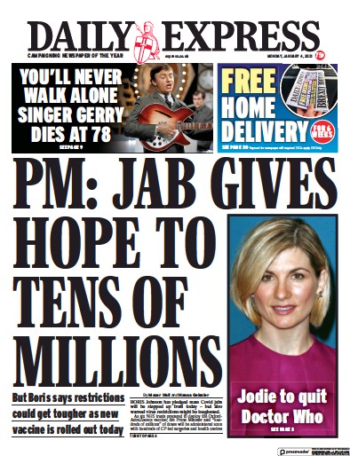 Daily Express Newspaper Front Page (UK) for 4 January 2021