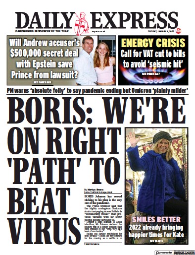 Daily Express Newspaper Front Page (UK) for 4 January 2022