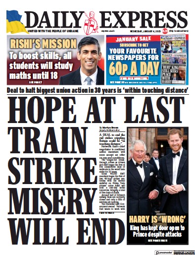Daily Express Newspaper Front Page (UK) for 4 January 2023
