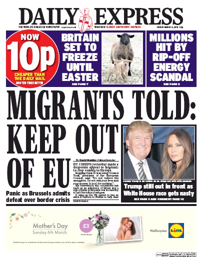 Daily Express Newspaper Front Page (UK) for 4 March 2016
