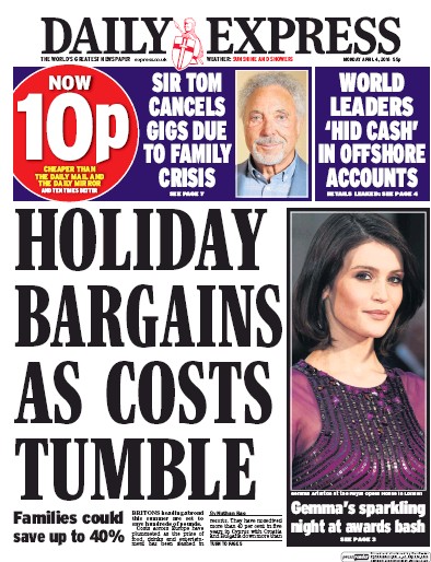 Daily Express Newspaper Front Page (UK) for 4 April 2016