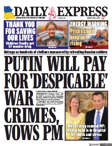 Daily Express Newspaper Front Page (UK) for 4 April 2022