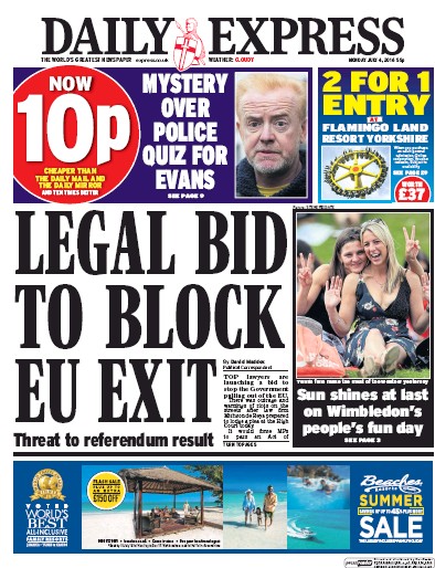 Daily Express Newspaper Front Page (UK) for 4 July 2016