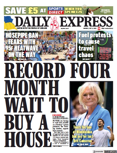 Daily Express Newspaper Front Page (UK) for 4 July 2022