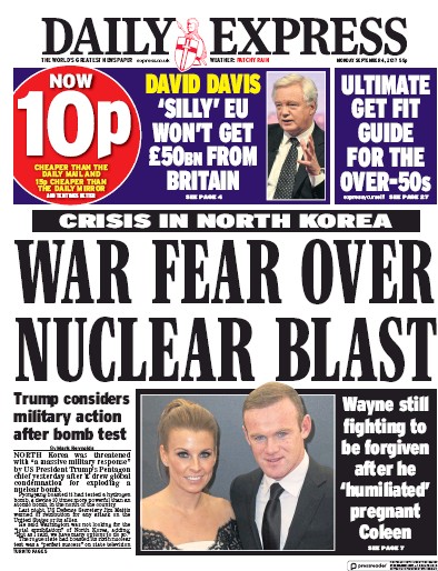 Daily Express Newspaper Front Page (UK) for 4 September 2017