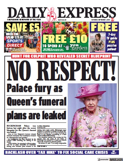 Daily Express Newspaper Front Page (UK) for 4 September 2021