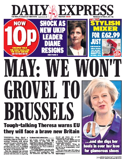 Daily Express Newspaper Front Page (UK) for 5 October 2016