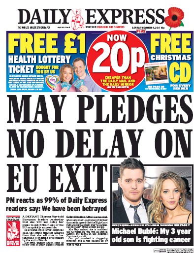 Daily Express Newspaper Front Page (UK) for 5 November 2016