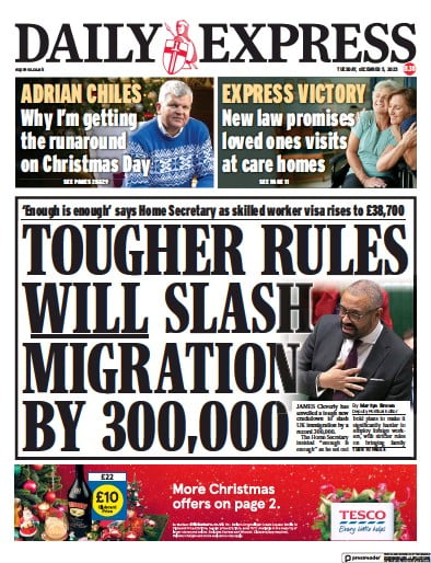 Daily Express Newspaper Front Page (UK) for 5 December 2023