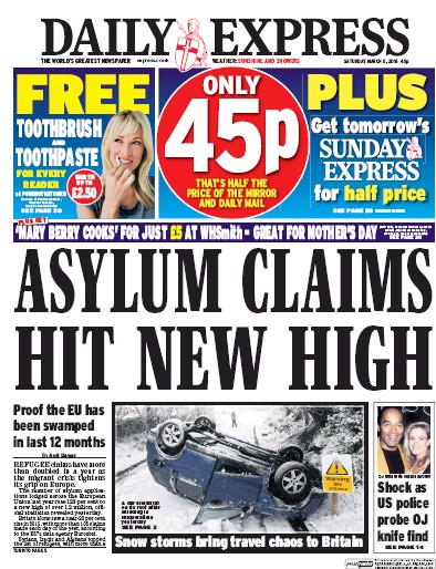 Daily Express Newspaper Front Page (UK) for 5 March 2016