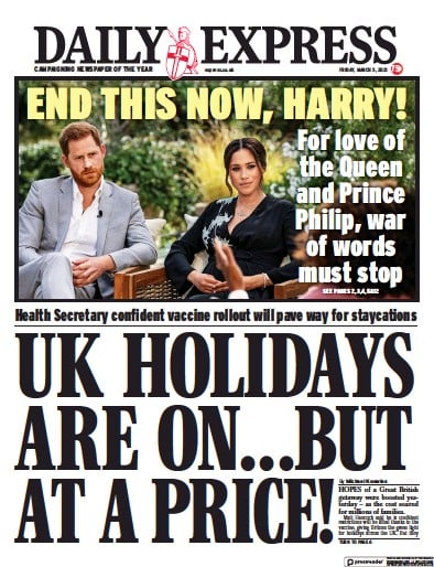 Daily Express Newspaper Front Page (UK) for 5 March 2021