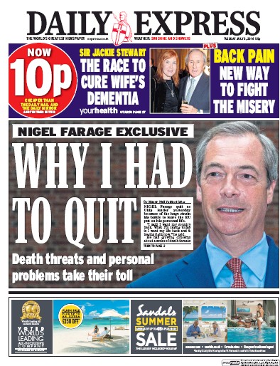 Daily Express Newspaper Front Page (UK) for 5 July 2016