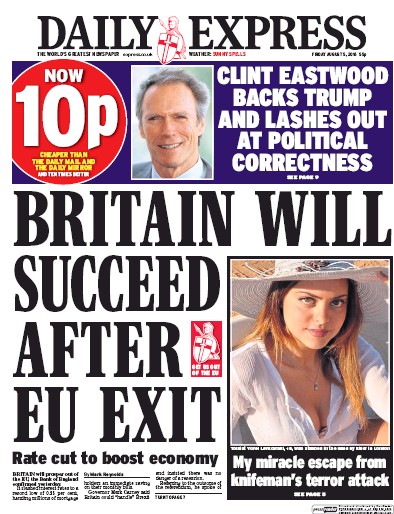 Daily Express Newspaper Front Page (UK) for 5 August 2016