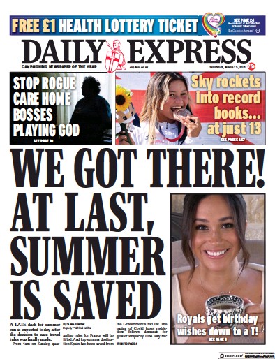 Daily Express Newspaper Front Page (UK) for 5 August 2021