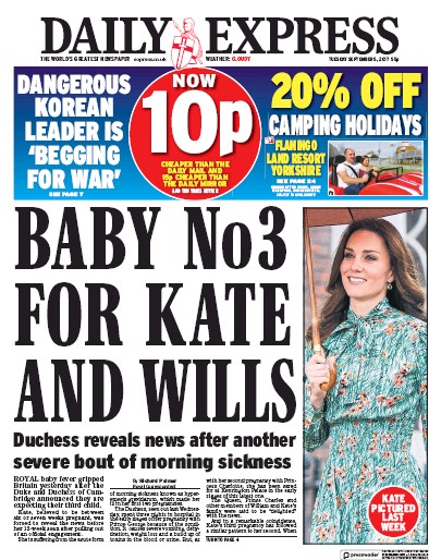 Daily Express Newspaper Front Page (UK) for 5 September 2017