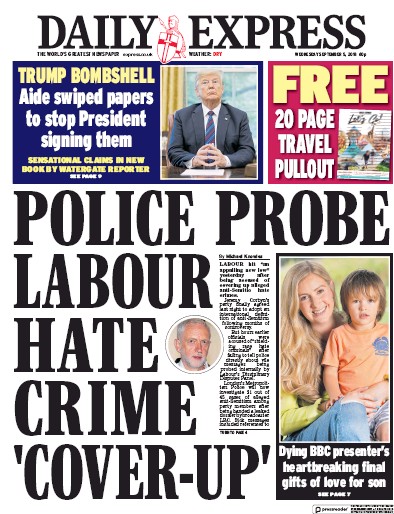 Daily Express Newspaper Front Page (UK) for 5 September 2018