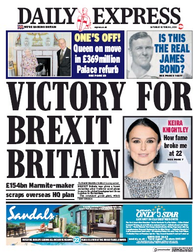 Daily Express Newspaper Front Page (UK) for 6 October 2018