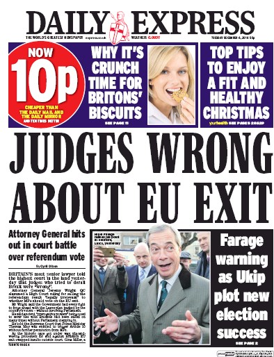 Daily Express Newspaper Front Page (UK) for 6 December 2016