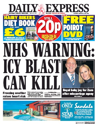 Daily Express Newspaper Front Page (UK) for 6 January 2018