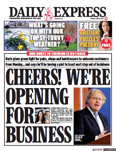 Daily Express Newspaper Front Page (UK) for 6 April 2021