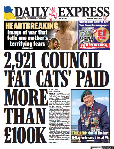 Daily Express Newspaper Front Page (UK) for 6 April 2022