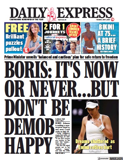 Daily Express Newspaper Front Page (UK) for 6 July 2021
