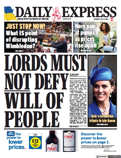 Daily Express Newspaper Front Page (UK) for 6 July 2023