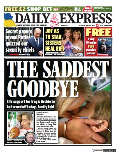 Daily Express Newspaper Front Page (UK) for 6 August 2022