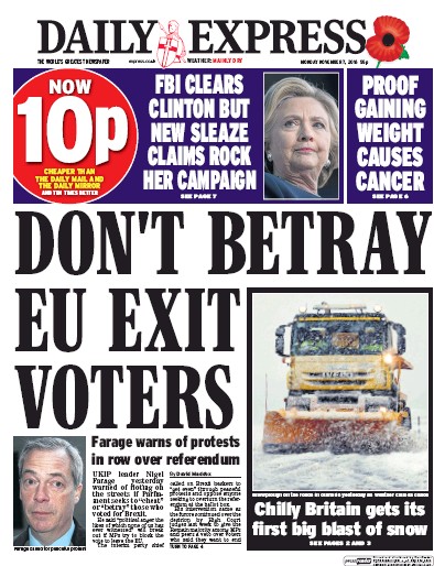 Daily Express Newspaper Front Page (UK) for 7 November 2016