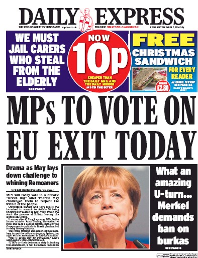Daily Express Newspaper Front Page (UK) for 7 December 2016