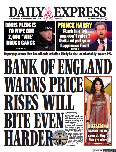 Daily Express Newspaper Front Page (UK) for 7 December 2021