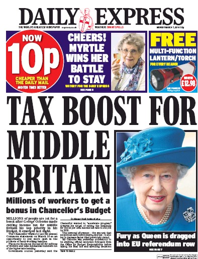 Daily Express Newspaper Front Page (UK) for 7 March 2016