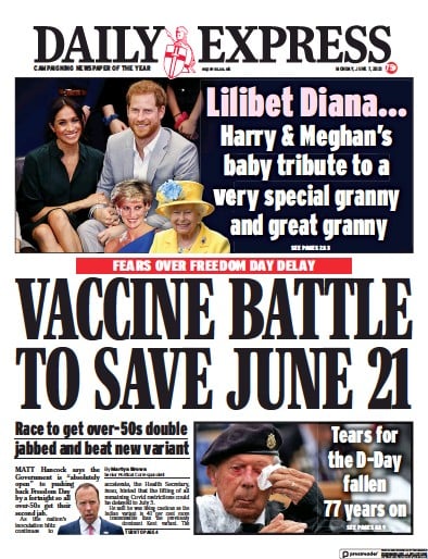 Daily Express Newspaper Front Page (UK) for 7 June 2021