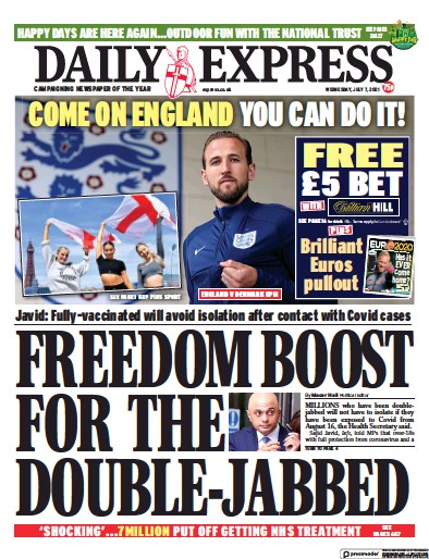 Daily Express Newspaper Front Page (UK) for 7 July 2021