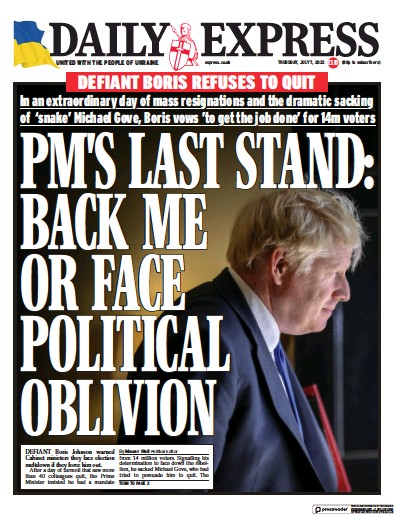 Daily Express Newspaper Front Page (UK) for 7 July 2022