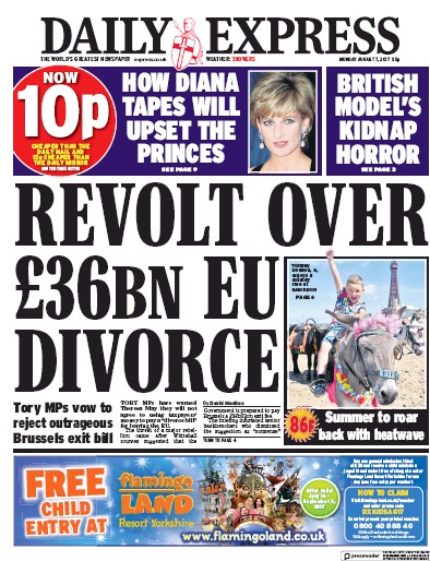 Daily Express Newspaper Front Page (UK) for 7 August 2017