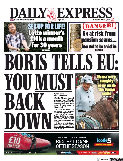 Daily Express Newspaper Front Page (UK) for 7 August 2019