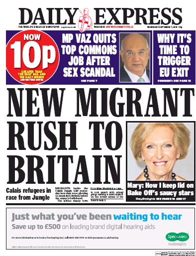 Daily Express Newspaper Front Page (UK) for 7 September 2016