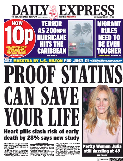 Daily Express Newspaper Front Page (UK) for 7 September 2017