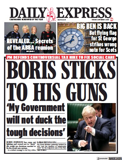 Daily Express Newspaper Front Page (UK) for 7 September 2021