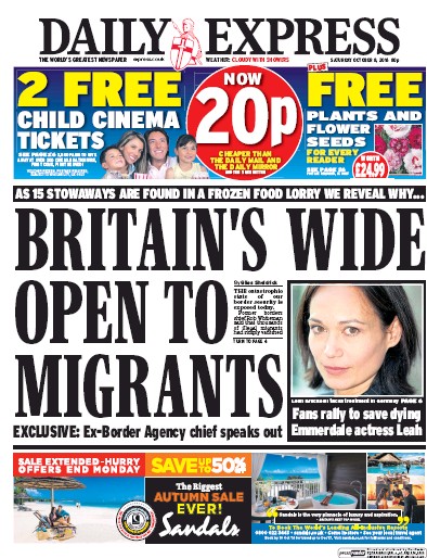 Daily Express Newspaper Front Page (UK) for 8 October 2016