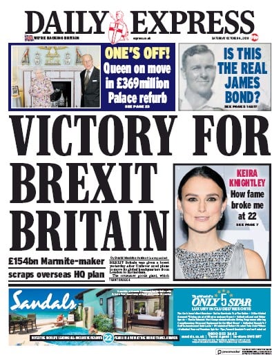 Daily Express Newspaper Front Page (UK) for 8 October 2018