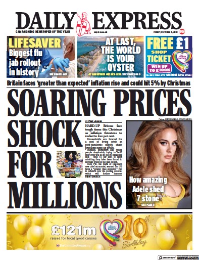 Daily Express Newspaper Front Page (UK) for 8 October 2021